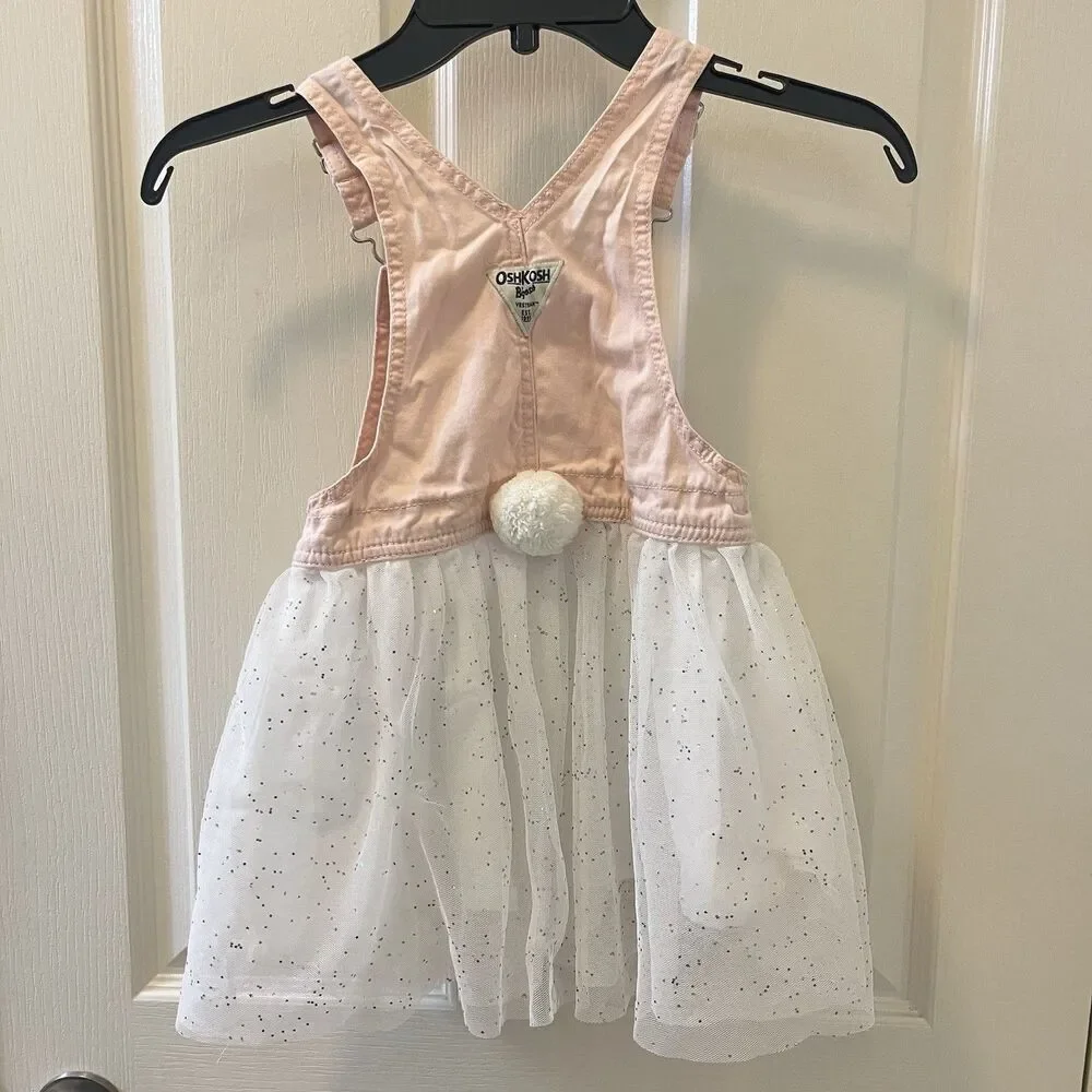 Oshkosh B'gosh Pink Overall Dress Bunny Rabbit White Tulle Girls Size 5T